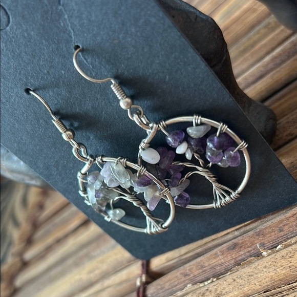 Tree of Life wire-wrapped gemstone dangle earrings - Picture 3 of 4